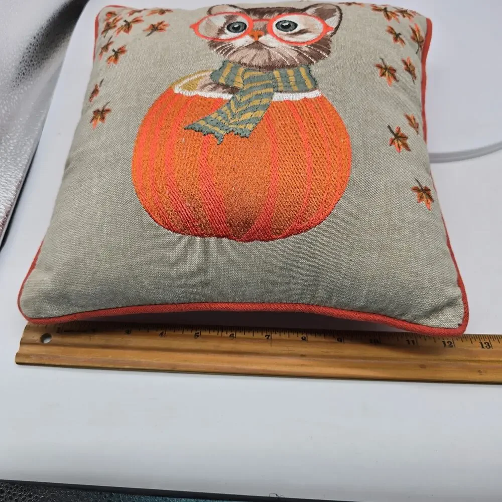 Pier 1 Tabby Cat/Kitten with Glasses & Scarf  in Pumpkin Pillow Embroidered 12